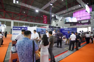 The busy Solex FHI 2025 exhibition booth, showcasing Indonesian-made commercial refrigeration units and attracting many industry professional visitors.