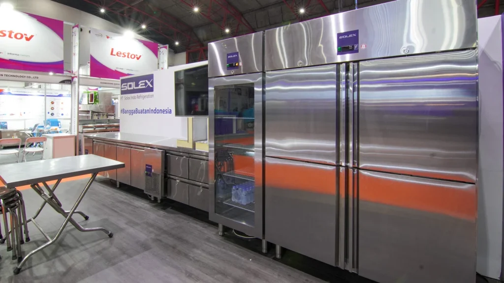 A close-up of a stainless steel Solex commercial refrigerator unit on display at the Solex FHI 2025 booth, highlighting its professional design.
