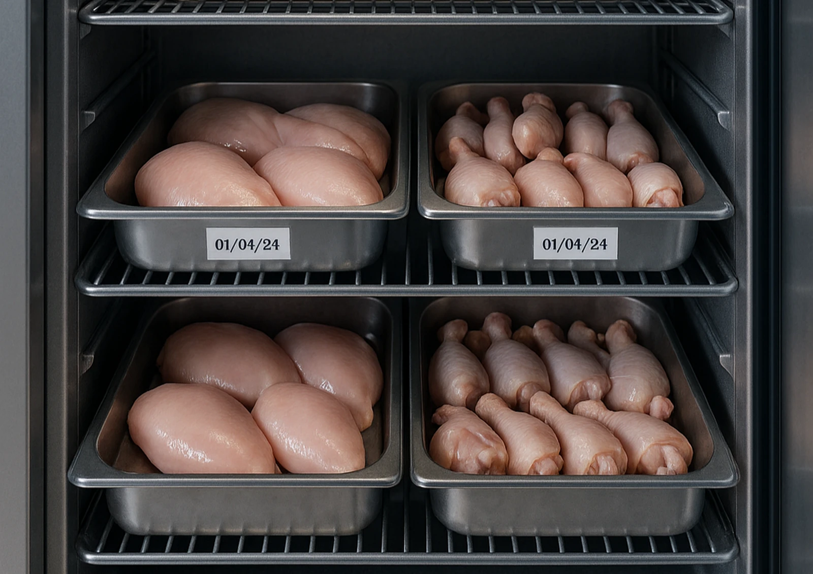 Potongan daging ayam segar dan berkualitas disimpan pada suhu optimal di dalam pendingin komersial Solex untuk menjaga keamanan pangan.