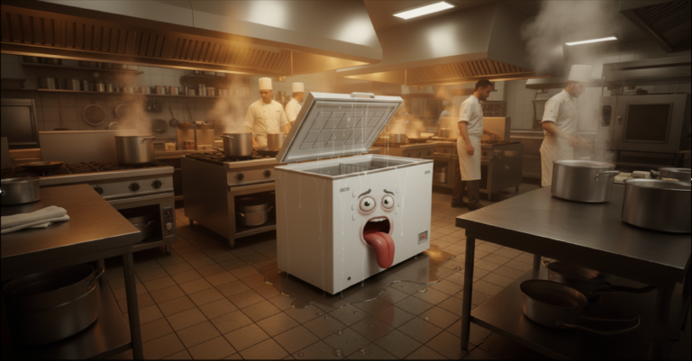 A chest freezer struggling in a hot commercial kitchen, symbolizing the food safety risks of static cooling.