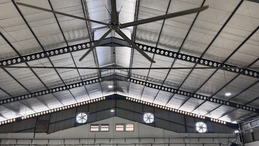 HVLV fan installed beneath the bubble foil insulated roof at Solex factory improving comfort